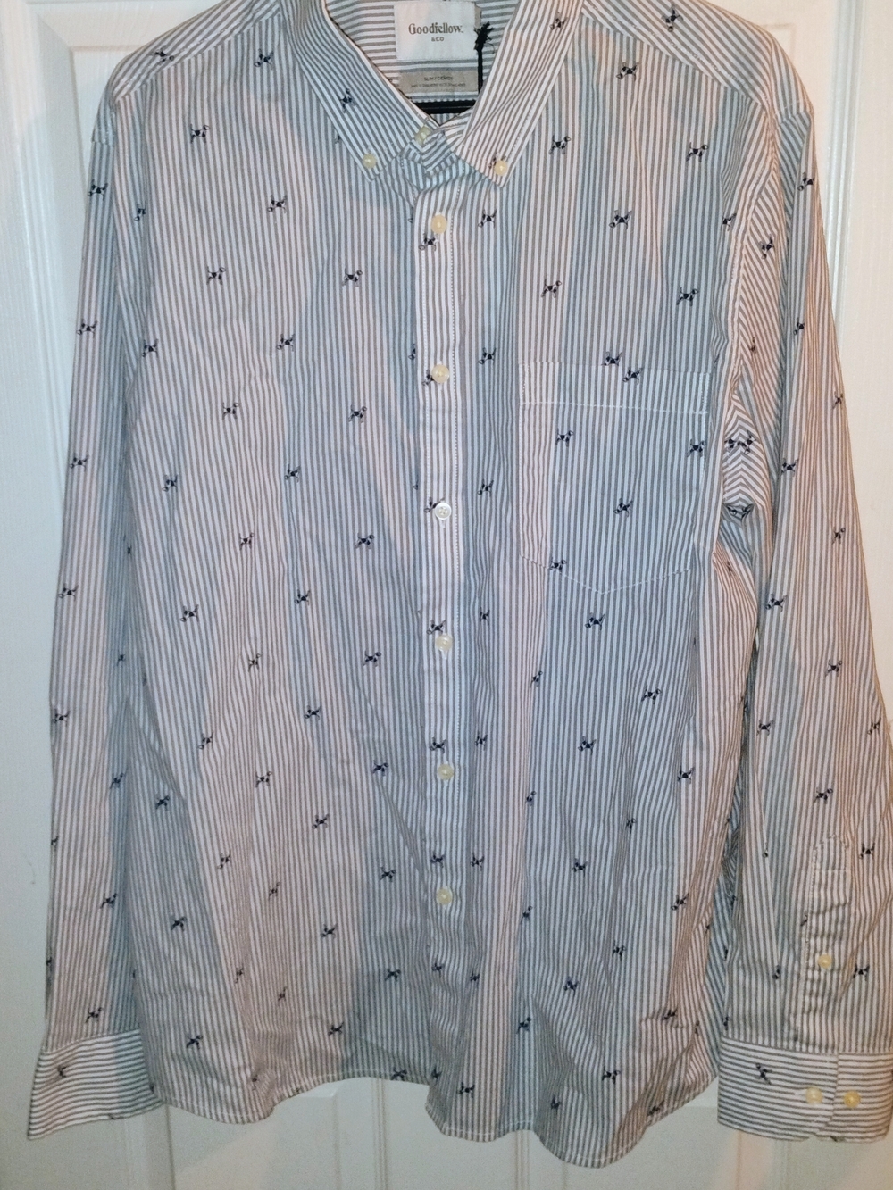 Goodfellow & Co Light Blue and White Striped Button-Down Shirt with Navy Dogs
